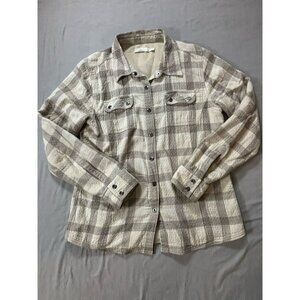 prAna Shirt Womens Medium Gray Beige Plaid Flannel Lined Snap Shacket Outdoor